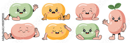 A delightful set of kawaii style cartoon bean characters in diverse poses and happy emotions, featuring legumes like green lima beans, yellow chickpeas, and a pink kidney bean sprout, perfect vector i