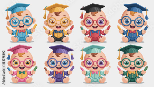 Eight adorable genius baby toddlers wearing colorful graduation caps and nerdy glasses, happily sitting with diplomas and pencils, representing early childhood education, academic achievement, and cel