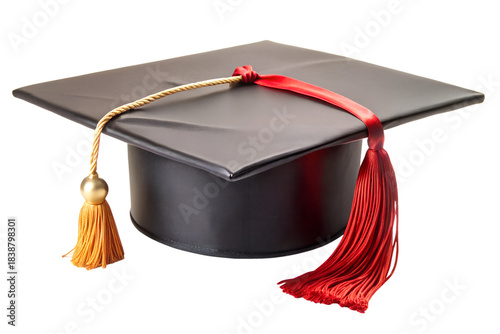 Black Doctoral Graduation Cap with Red and Gold Tassel Isolated on Black Background – PhD Mortarboard Tam