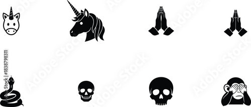 Collection of dark monochrome icons featuring fantasy creatures and spooky elements