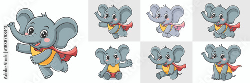 Adorable baby elephant superhero mascot character set vector illustration featuring a happy cartoon character flying, jumping, and sitting in multiple playful poses, perfect for children's books, educ