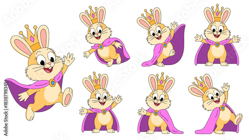 Cheerful cartoon rabbit king or royal princess bunny character set wearing a majestic golden crown and flowing purple cape, depicted in various happy poses like jumping, waving, and greeting, useful v