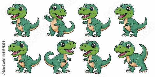 Cute baby Tyrannosaurus Rex dinosaur collection with eight unique happy poses, a vibrant green smiling T-Rex character set ready for seamless textile pattern design, children's education graphics, pla
