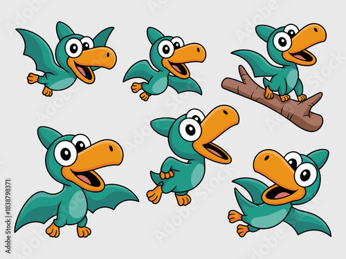 Cheerful baby Pterodactyl cartoon character vector illustration set featuring multiple adorable poses, flying, standing, and resting on a log, ideal prehistoric dinosaur creature mascot design for joy