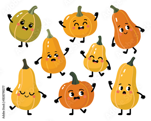 Adorable cheerful cartoon pumpkin and squash characters joyfully dancing and waving, celebrating the festive autumn harvest season. Seamless vector illustration of cute orange and yellow gourds for Ha