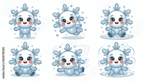 Adorable blue snowflake cartoon character mascot set, featuring six cheerful and playful winter poses (standing, jumping, sitting, spinning), a festive vector illustration collection for holiday greet