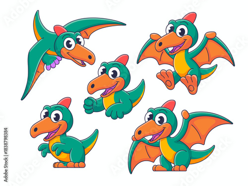 A cheerful collection of five adorable baby pterodactyl cartoon characters in various poses, featuring friendly prehistoric flying reptiles, isolated vector illustration, perfect for kids education, g