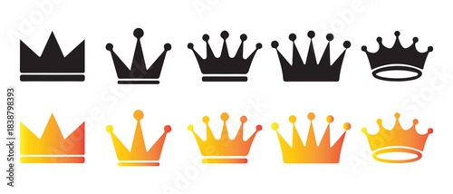 A collection of different crown icons in black and gold gradient color.