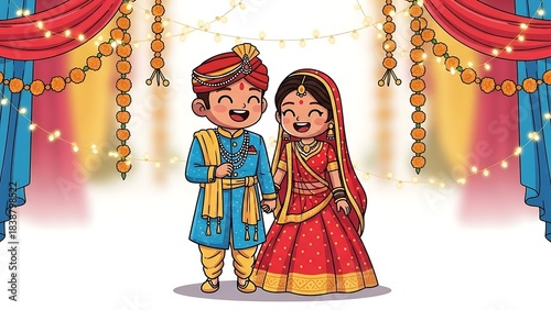 Cute Cartoon Indian Boy and Girl Celebrating at Wedding Ceremony