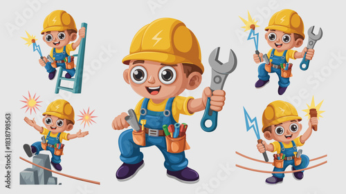 Cute cartoon boy dressed as a skilled professional electrician or maintenance worker in bright blue overalls and a yellow safety hardhat, holding a large adjustable wrench and various electrical tools