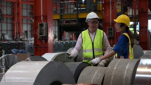 Senior Asian male supervisor pointing to train female worker on machinery in metal sheet factory. Industrial engineering mentorship, safety gear and manufacturing teamwork concept.