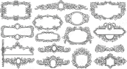 Vintage ornate decorative frame collection, floral baroque borders and elegant Victorian label designs, antique ornament templates for invitations and branding artwork