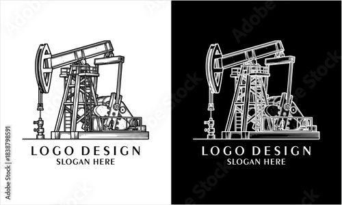 Vintage oil pump jack illustration in black and white style.