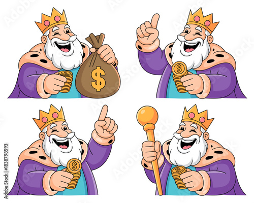 Successful, wealthy cartoon king character, mascot of financial profit and business success, proudly showing stacks of gold dollar coins, a money bag, and a royal scepter in four expressive happy pose