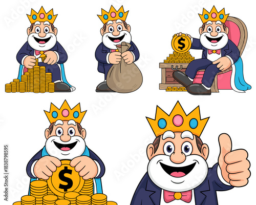 Vector illustration set of a happy cartoon rich king businessman character with a crown, royal cape, and beard, managing finance, counting gold coins, holding a money bag, and sitting on a treasure ch