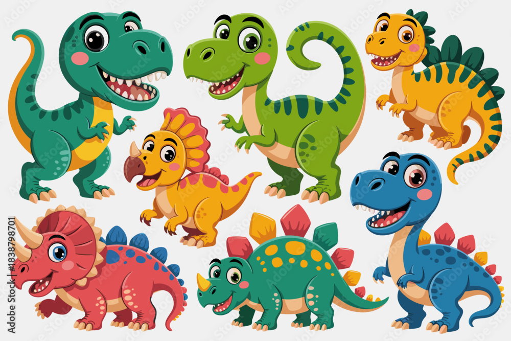 Obraz premium A delightful collection of vibrant cartoon dinosaurs, featuring friendly T-Rex, Stegosaurus, and horned Triceratops prehistoric creatures, perfect for children's education, nursery decorations, playfu