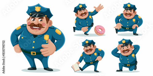 Cheerful cartoon police officer character vector illustration set showing various poses including running for a donut, writing a ticket, and friendly thumbs up for security, law enforcement, justice,