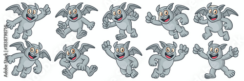 Friendly cartoon gargoyle creature mascot character collection enthusiastically jumping, running, flying, and expressing happy emotions; isolated vector illustration asset set on white, ideal graphic