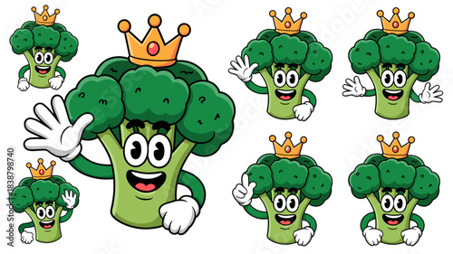Cheerful Royal King Broccoli cartoon mascot character set, greeting, smiling, and waving, featuring multiple poses for healthy food promotion, nutritional wellness, vitamin education, organic vegetabl