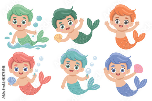 Six cute cartoon merboys swimming and playing underwater, a colorful set of happy little mermen characters holding seashells and blowing bubbles, perfect vector illustration collection for kid's nurse