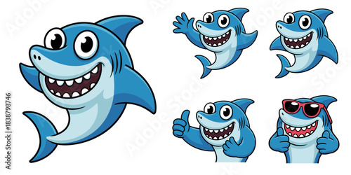 Cute friendly blue cartoon baby shark mascot character smiling happily and waving hello, giving a positive thumbs up approval gesture, wearing cool red sunglasses, isolated vector graphic illustration