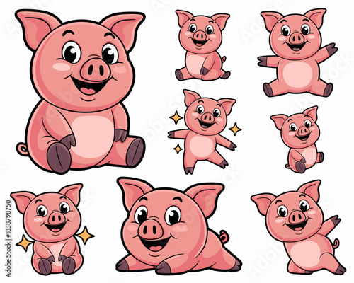 A comprehensive set of cute pink cartoon piglet characters in various happy and cheerful poses, including sitting, jumping, and resting; adorable vector illustration collection for children's educatio