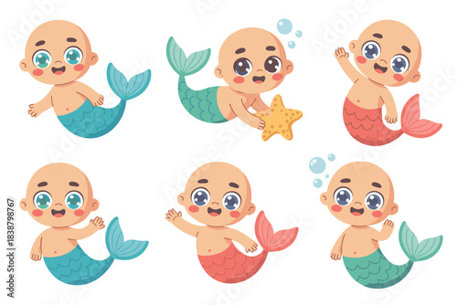 Cute cartoon baby mermaid and merman vector illustration collection swimming happily in the magical ocean, smiling and waving; adorable graphic resource clip art bundle for childish nursery, party, an