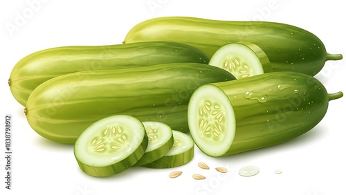 Fresh Green Cucumbers with Sliced Pieces and Seeds on White Background