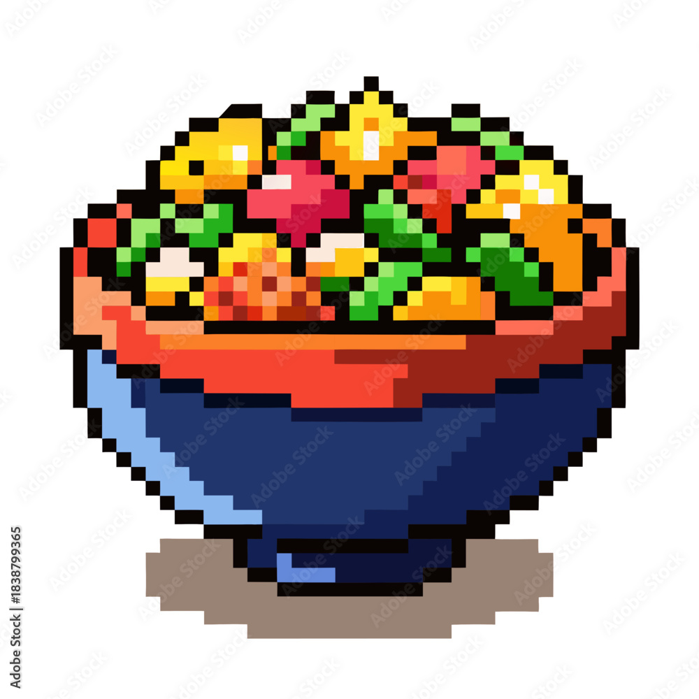 Fototapeta premium A vibrant pixel art illustration of a fresh salad in a blue bowl with an orange rim, featuring various colorful vegetables and fruits. Retro 8-bit style.
