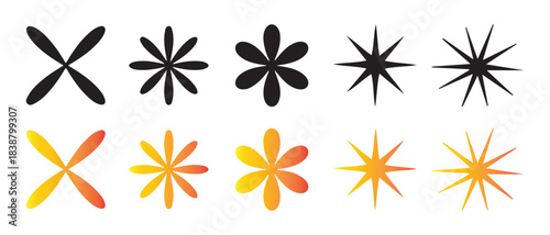 Set of ten stylized star and flower shapes in black and gradient colors.