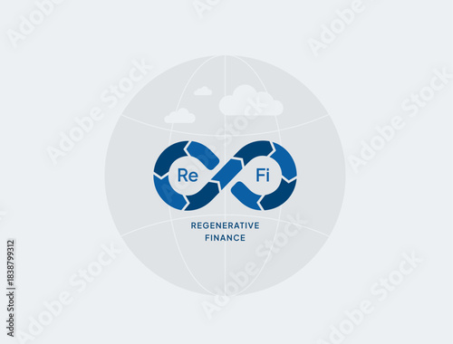 Finance sustainability blockchain climate impact economy. ReFi - regenerative finance supporting green value, carbon goals, transparent climate actions. 2026 trend ecosystems vector illustration