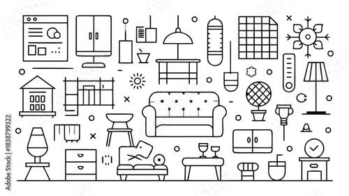 An assortment of furniture and accessories in different shapes and sizes, showcasing a modern design aesthetic..eps