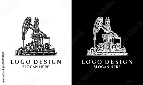 Detailed vintage oil pumpjack illustration presented as a logo design concept.