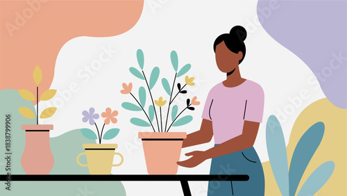 Spring Flat Design Woman Arranging Ceramic Flower Pot - Modern Pastel Illustration