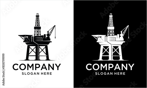 Stylized black and white logo design featuring an offshore oil drilling rig presented on contrasting backgrounds.