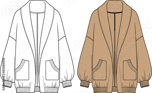 Cozy oversized cardigan sweater front back technical fashion drawing with pockets ribbed cuffs shawl collar details, cad drawing flat vector illustration