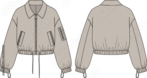 Cropped bomber jacket technical fashion flat sketch, detailed CAD garment drawing with zipper, pockets, cuffs, waistband, vector illustration design