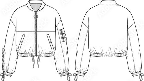 Cropped bomber jacket technical flat sketch with detailed front and back views, vector fashion illustration for apparel designers and garment development