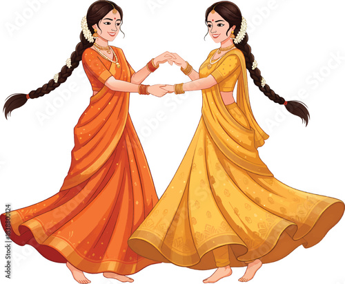 Two Women Dancing in Traditional Saris Festival