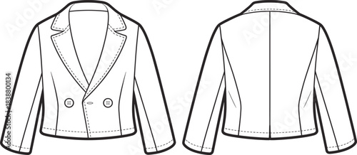 Cropped women’s blazer technical fashion flat sketch with detailed stitching, front and back view garment design template, professional vector illustration