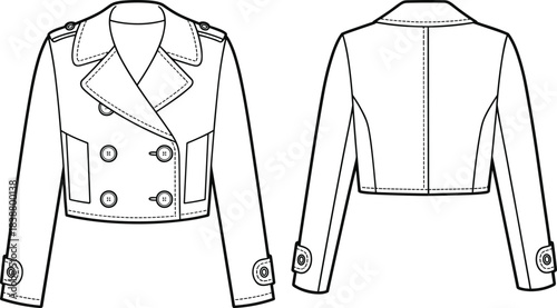 Cropped double breasted women’s jacket fashion flat sketch with wide lapel, button details, sleeve straps and structured silhouette, cad drawing flat vector illustration