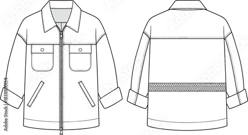 Detailed jacket technical flat sketch with front and back views, vector apparel illustration for fashion design and pattern drafting projects