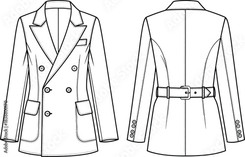 Double breasted tailored blazer jacket with belt, detailed front and back technical fashion sketch, garment sewing pattern outline, cad drawing flat vector illustration