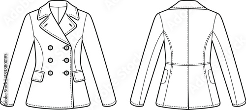 Double breasted women’s jacket technical flat sketch showing detailed front and back views, featuring collar, buttons, pockets, seams, stylish vector illustration