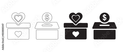 Heart and money donation box icons illustrating charity, giving, and community support.