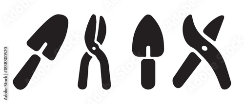Essential black silhouette icons of gardening hand tools for horticulture and landscaping.