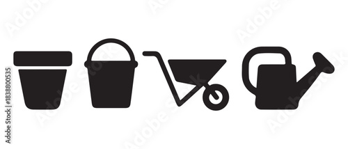 Essential black silhouette icons of gardening tools including a pot, bucket, wheelbarrow, and watering can.