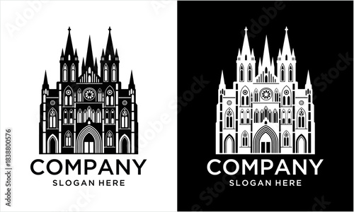 Two distinct monochrome vector logos featuring an elaborate Gothic cathedral facade, one black on white and its inverse white on black, with placeholder text.