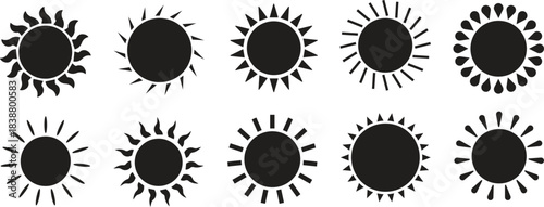 Sun Icon set. Sunshine and solar glow, sunrise or sunset. Decorative circle full and half sun and sunlight. Hot solar energy for tan. Scribble sun with rays symbols. Doodle children drawings collectio