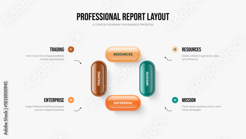 Visual Development Slide Design Vector Illustration. Sales Campaign Four Element Diagram Presentation Template. Project Portfolio 4 Option Infographic Frame Layout.